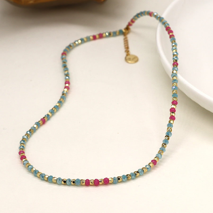 4005 - Aqua, Pink & Gold Faceted Bead Necklace