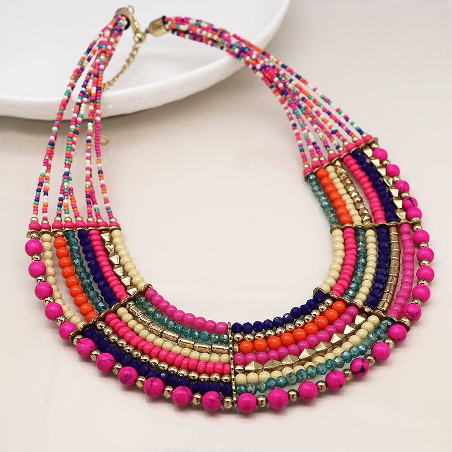 4253 - Pink, Green & Gold Mix Layered Bead Necklace