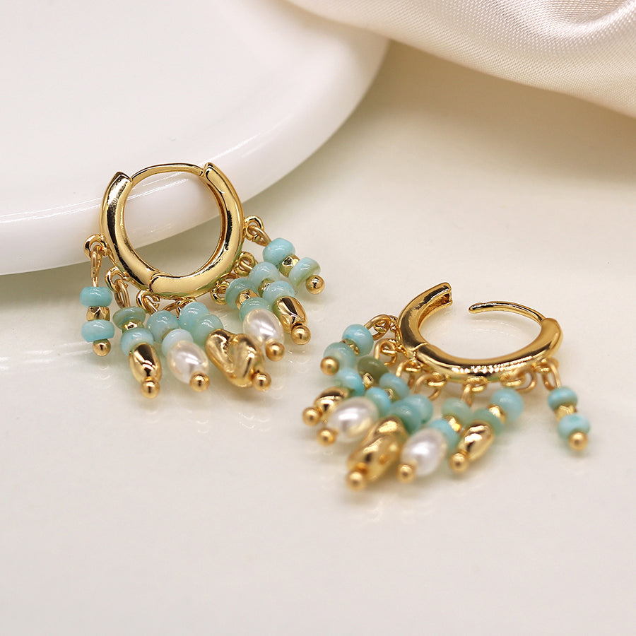 4309 - Mixed Aqua, Gold & Pearl Hoop Earrings