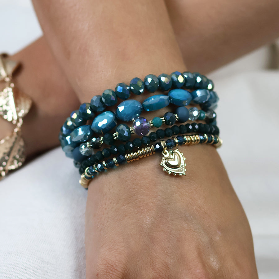 (183) Misty, Teal Bead Stack Bracelet