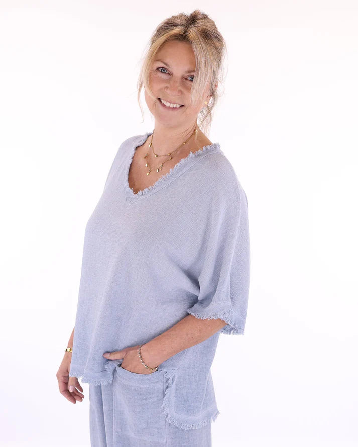 Linen Blend Frill Tunic Ice Blue