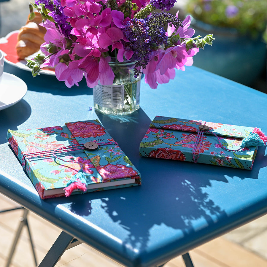Turquoise & Pink Floral Cotton, Cloth Bound Notebook Set