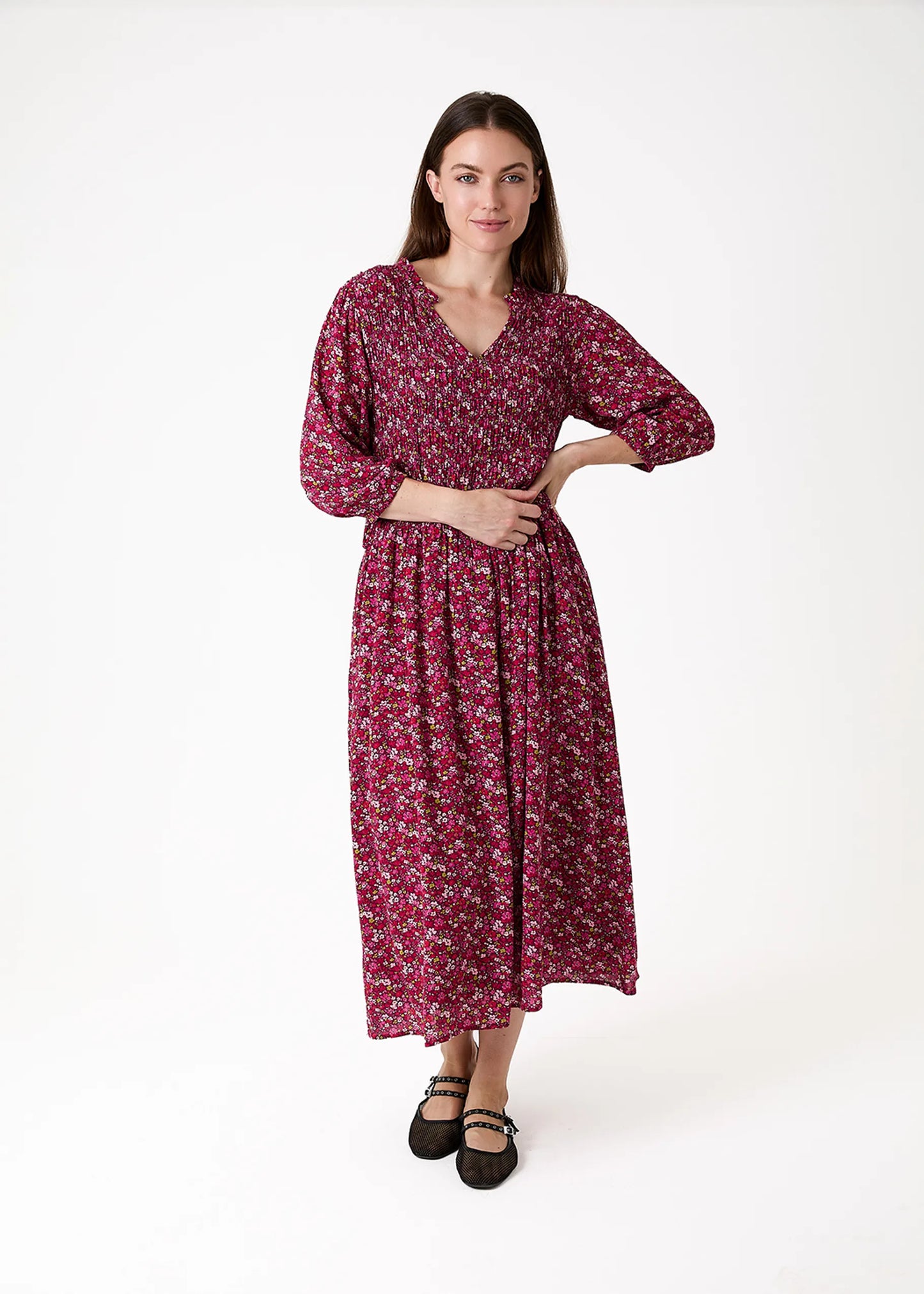 Merlot, Shirring Notch Neck Dress