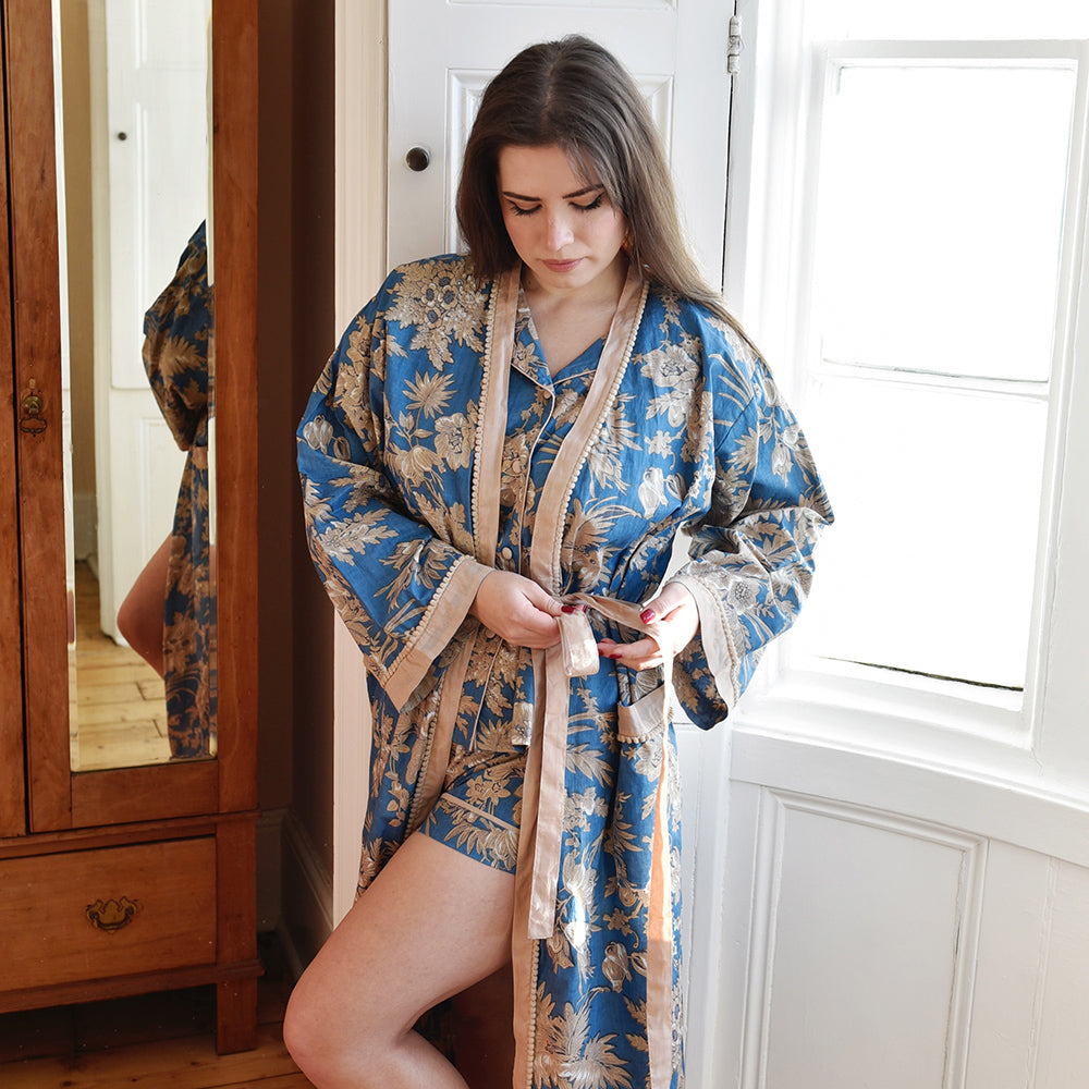 French Blue & Light Tan Print Dressing Gown