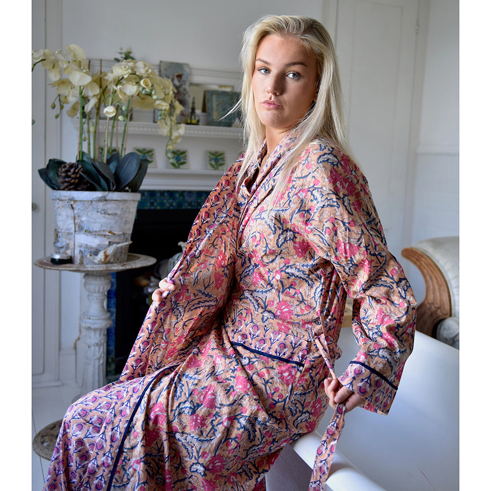 Apricot, Navy & Persian Red Print Dressing Gown