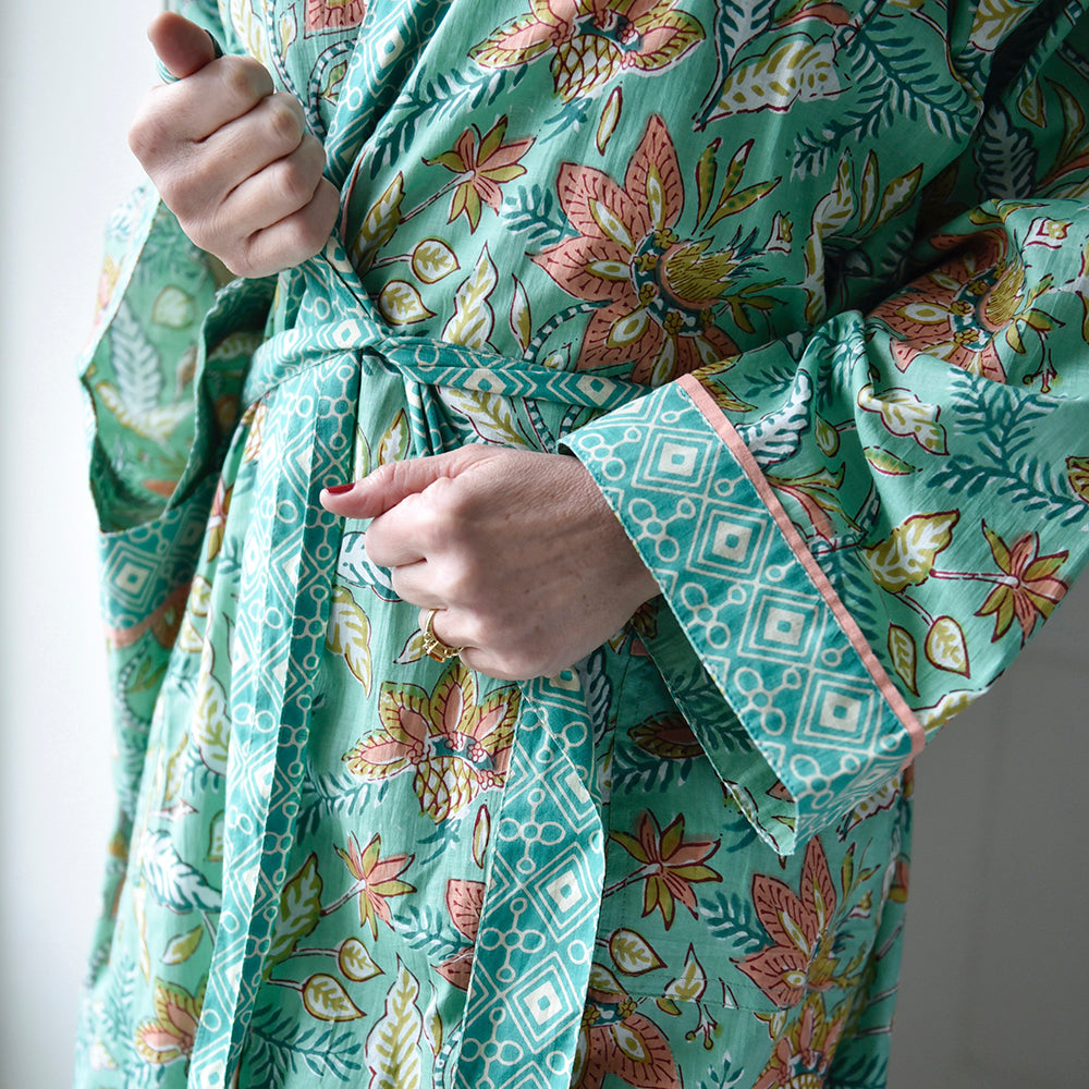 Turquoise, Pink & Olive Floral Dressing Gown