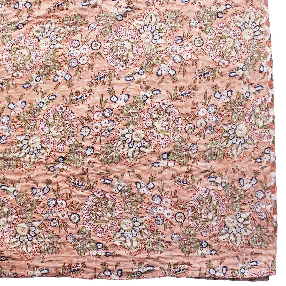 Peach & Green Floral Kantha Quilt