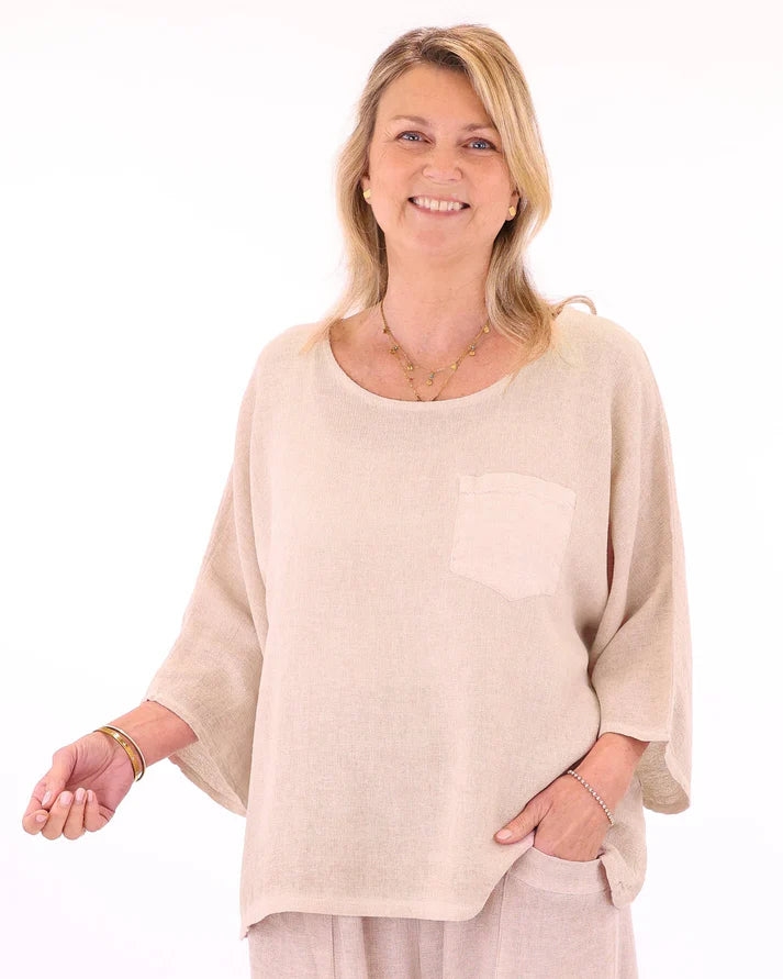 Linen Blend Pocket Top Cream