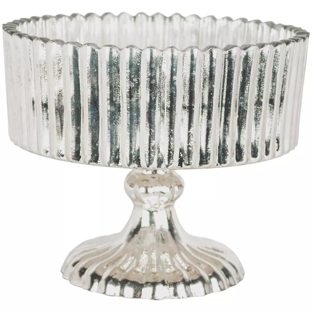 Antiqued Silver Ribbed Bowl on Stand