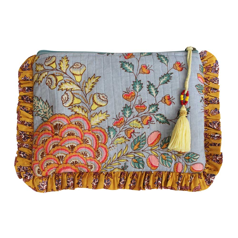 Grey, Mustard & Coral Block Print Make Up Bag