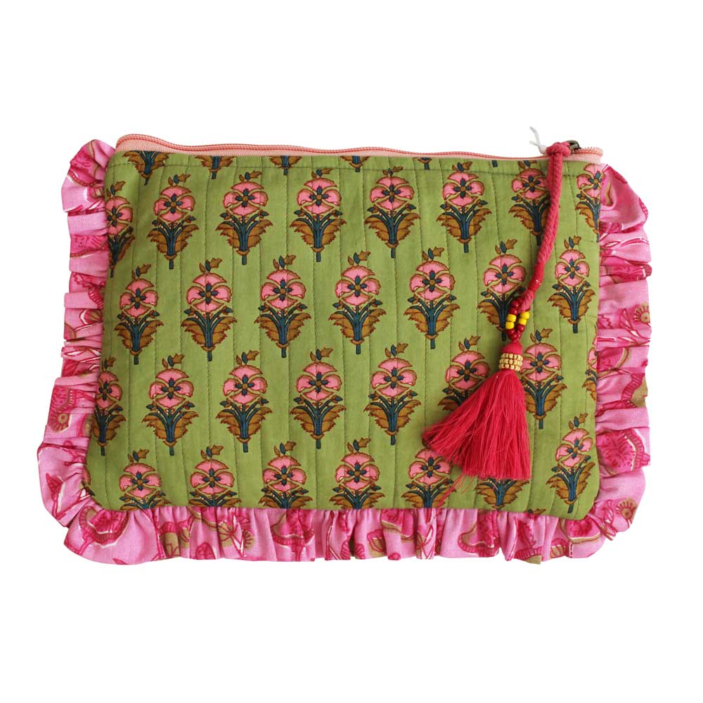 Green Quilted Make Up Bag with Pink Ruffle