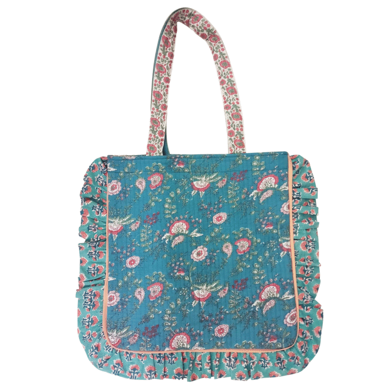 Inky blue, Pink & Green Floral Quilted Tote Bag