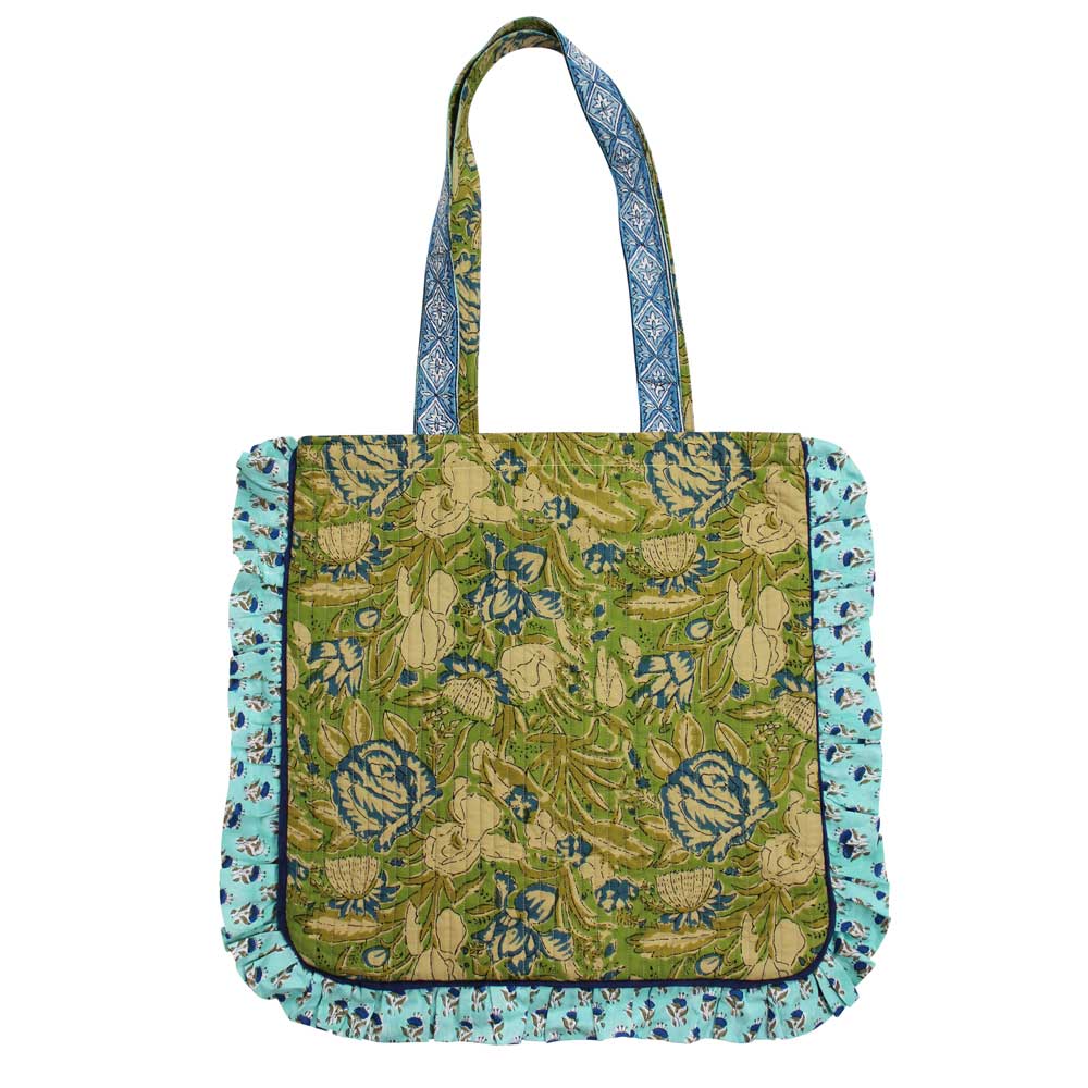 Sage Green & Blue Floral Quilted Tote Bag