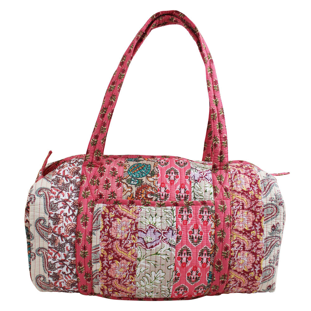 Red & Pink Mixed Fabric Print Quilted Duffle Bag