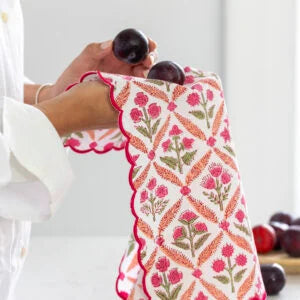 Scalloped Himalayan Wildflowers Pink Hand Block Print Napkin - Set of 4