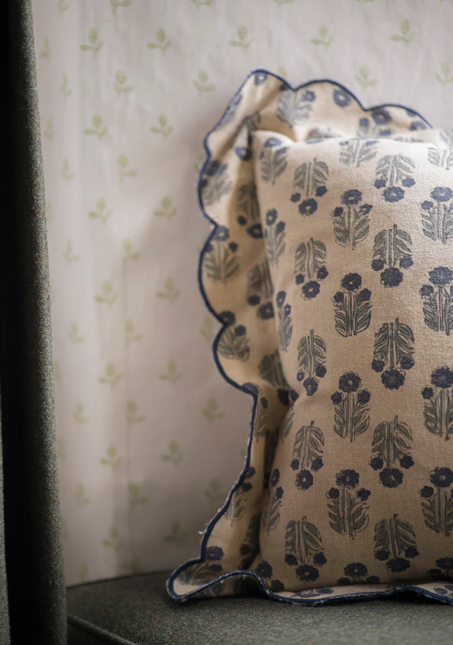 Scallop Block Print Cushion - Denim