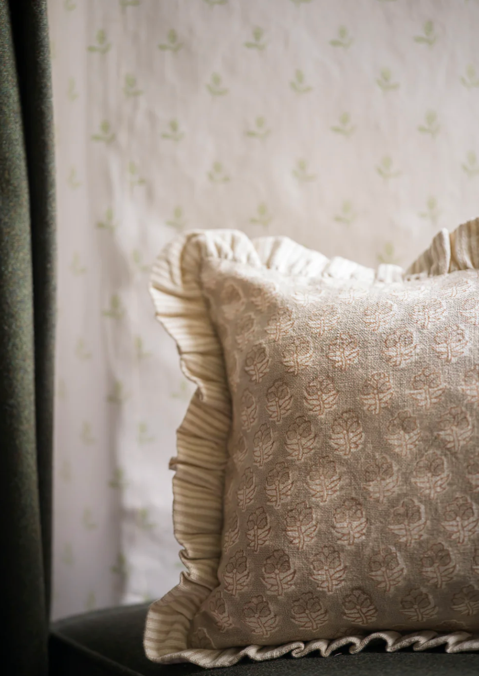 Frilled Block Print Cushion - Taupe