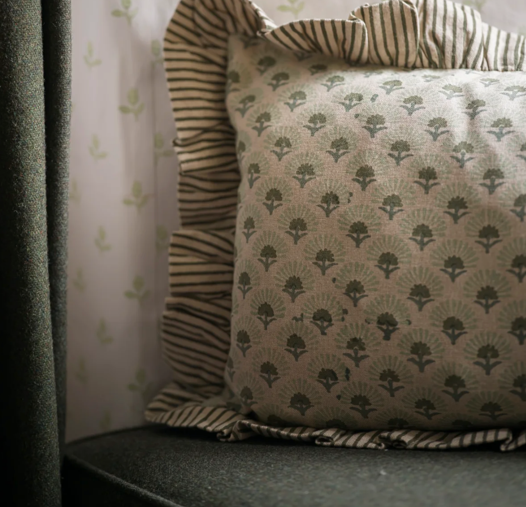 Fanflower Block Print Flower Cushion - Forest