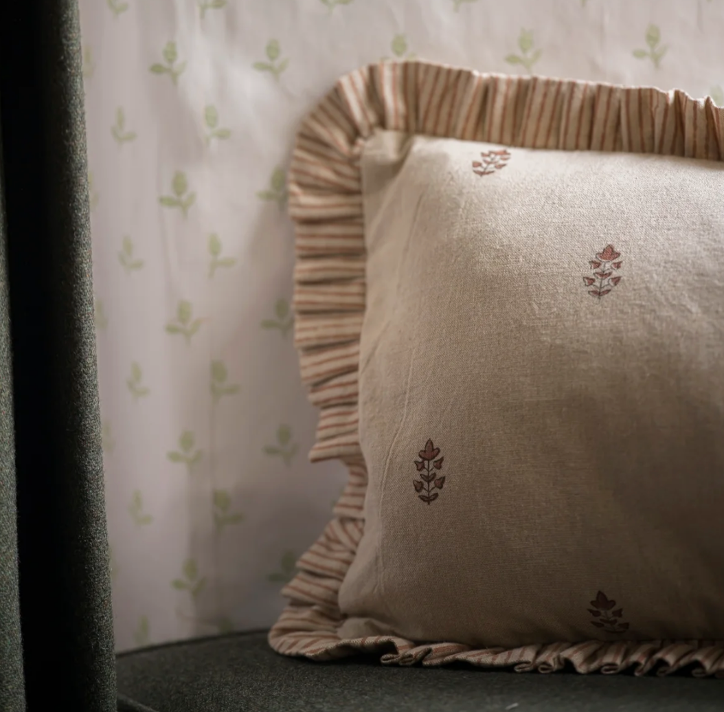 Sprig Block Print Flower Cushion - Brick