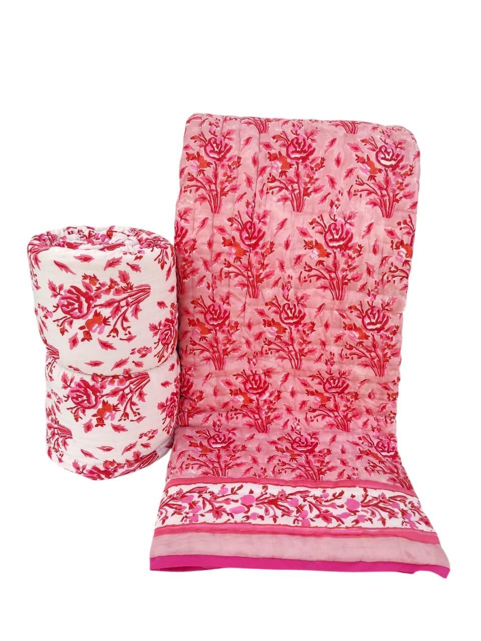 Indian Cotton Quilt - Large, Pink & Red Roses