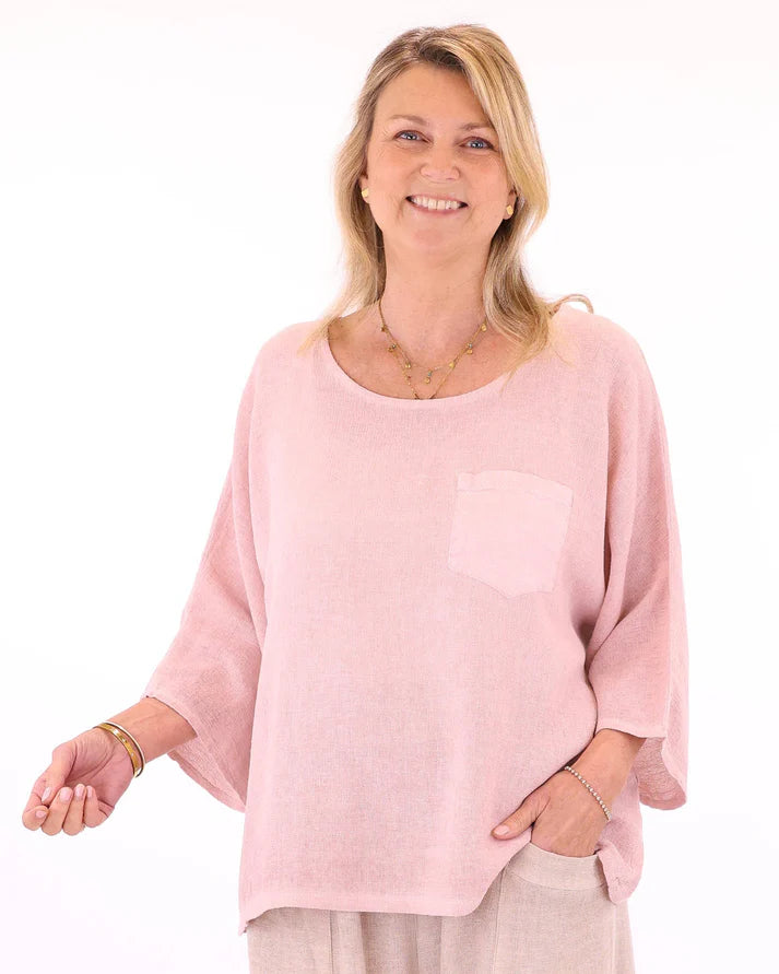 Linen Blend Pocket Top Pale Pink