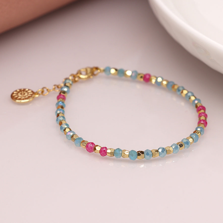 4005 - Aqua, Pink & Gold Faceted Bead Bracelet