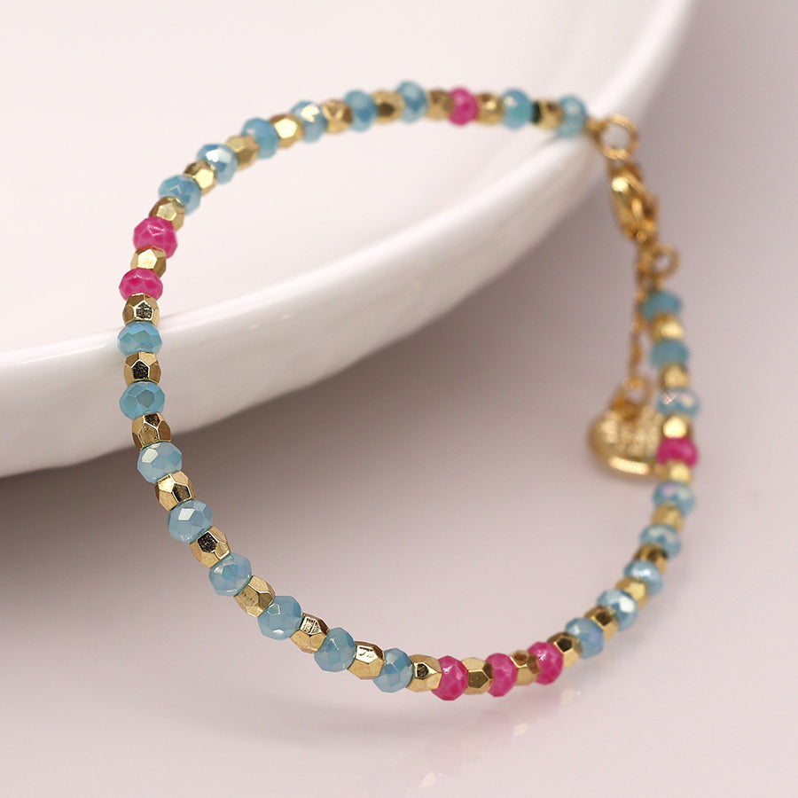 4005 - Aqua, Pink & Gold Faceted Bead Bracelet