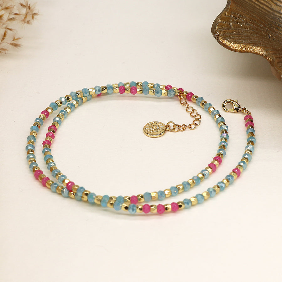 4005 - Aqua, Pink & Gold Faceted Bead Necklace