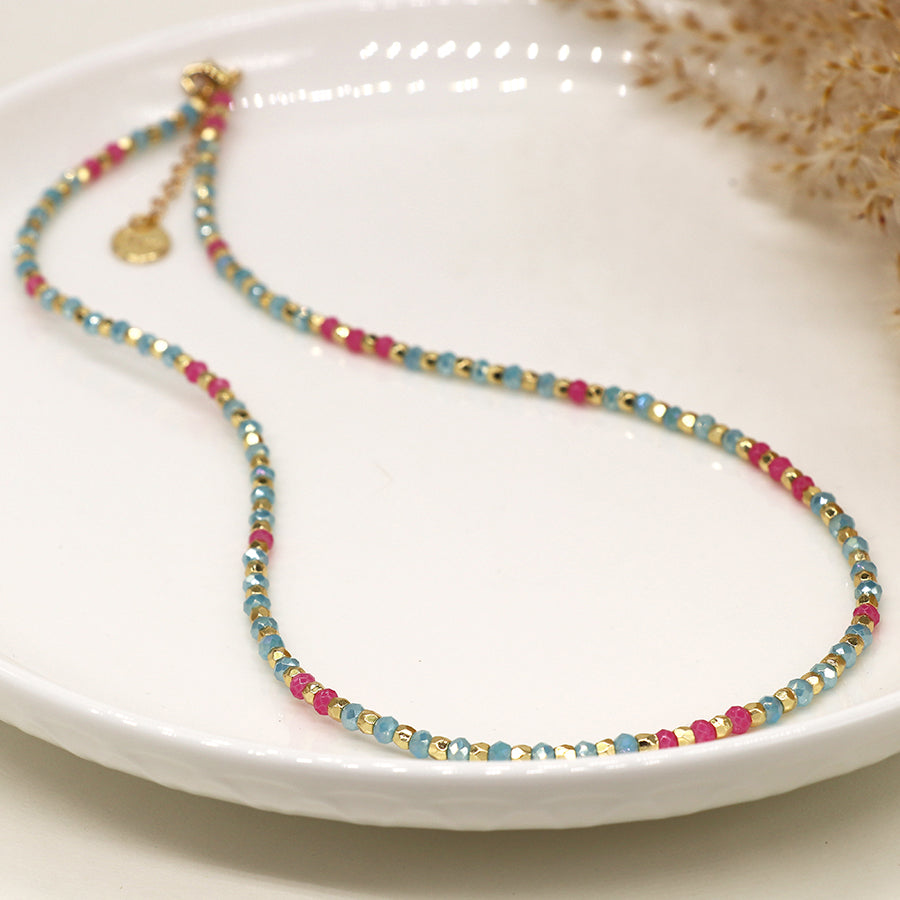 4005 - Aqua, Pink & Gold Faceted Bead Necklace