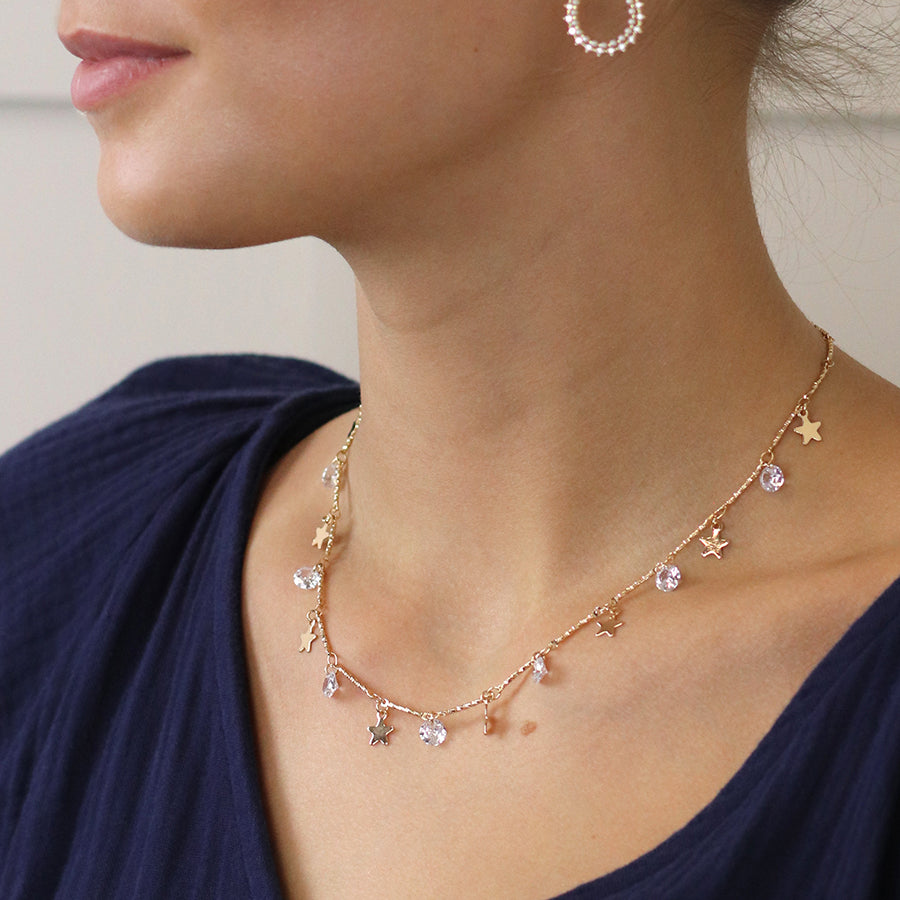 4194 - Gold Stars & Crystals Necklace