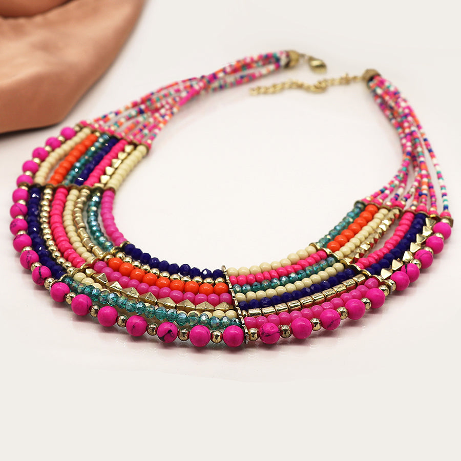 4253 - Pink, Green & Gold Mix Layered Bead Necklace