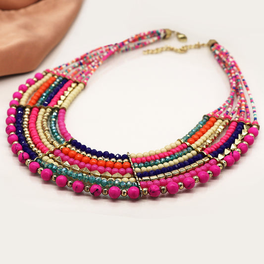 4253 - Pink, Green & Gold Mix Layered Bead Necklace