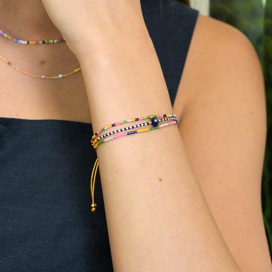 4270 - Yellow & Navy Adjustable Beaded Bracelet