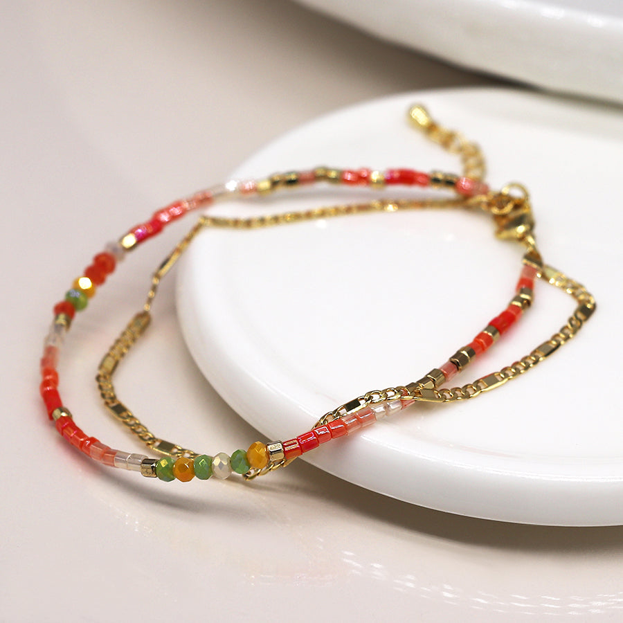 4303 - Coral Bead & Gold Chain Bracelet