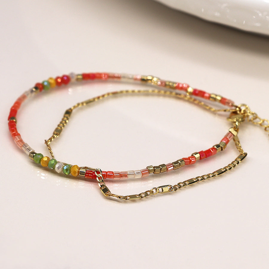 4303 - Coral Bead & Gold Chain Bracelet