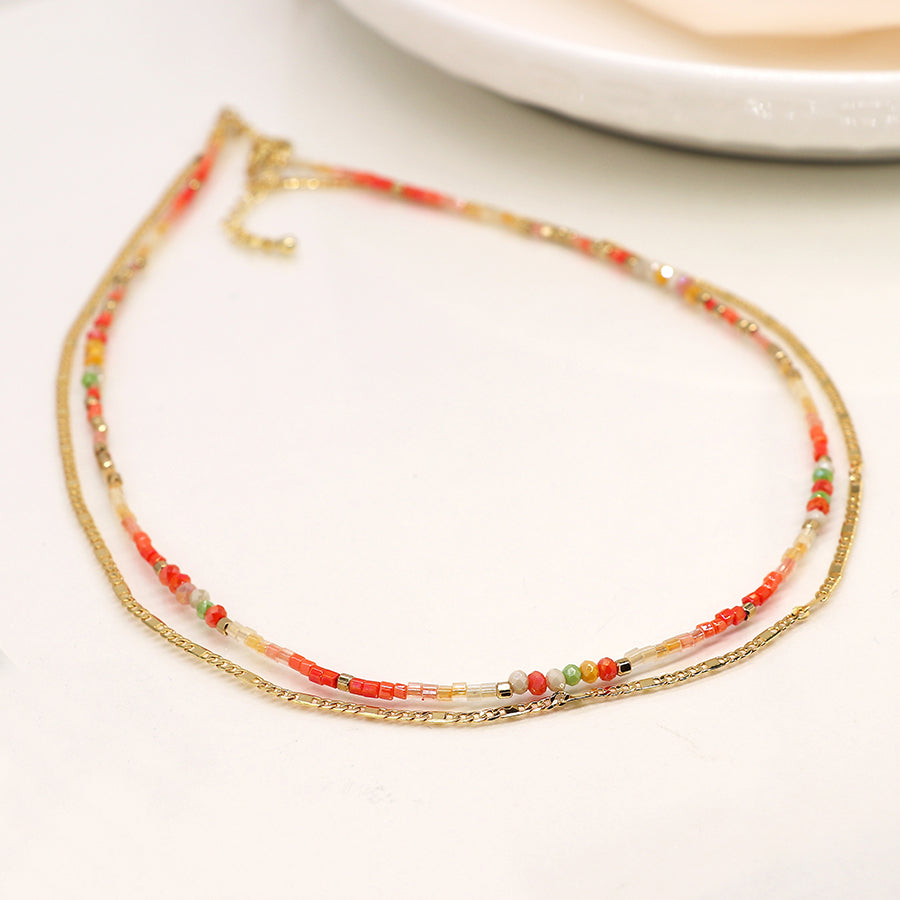 4304 - Coral Bead & Gold Chain Necklace