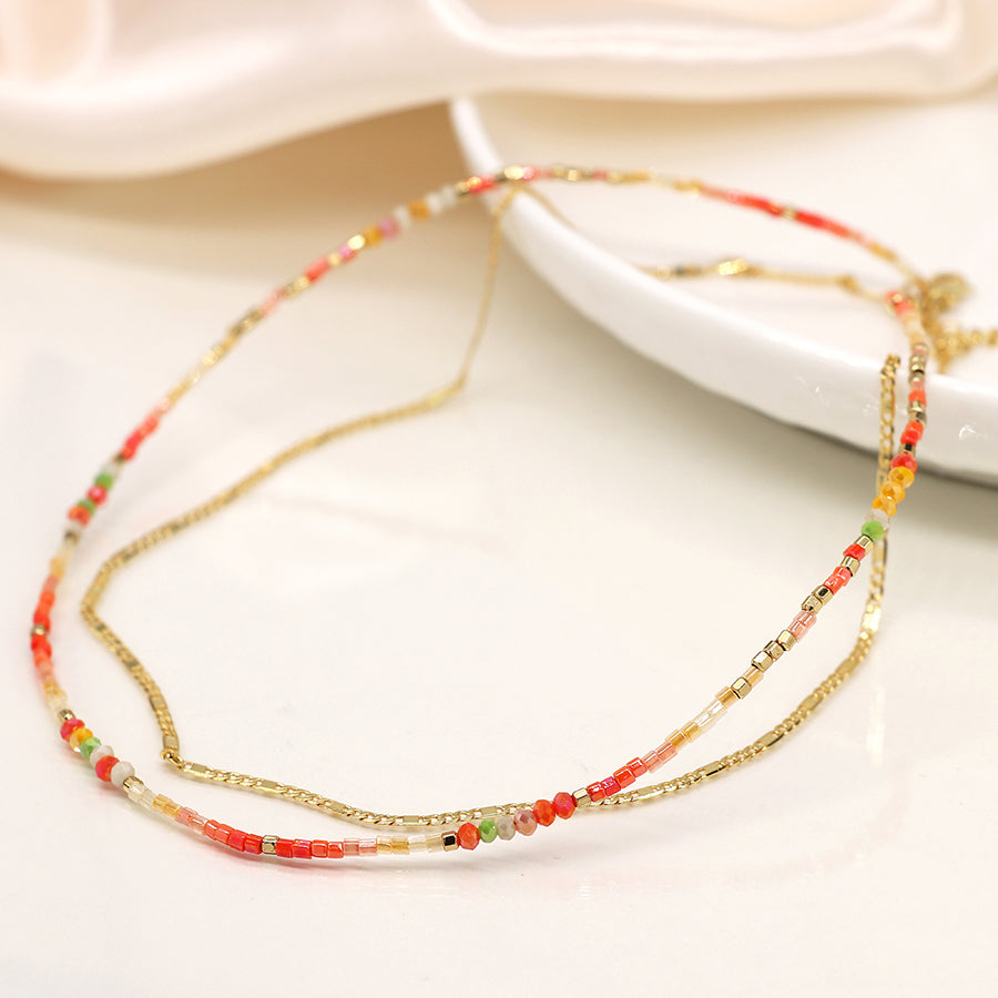 4304 - Coral Bead & Gold Chain Necklace