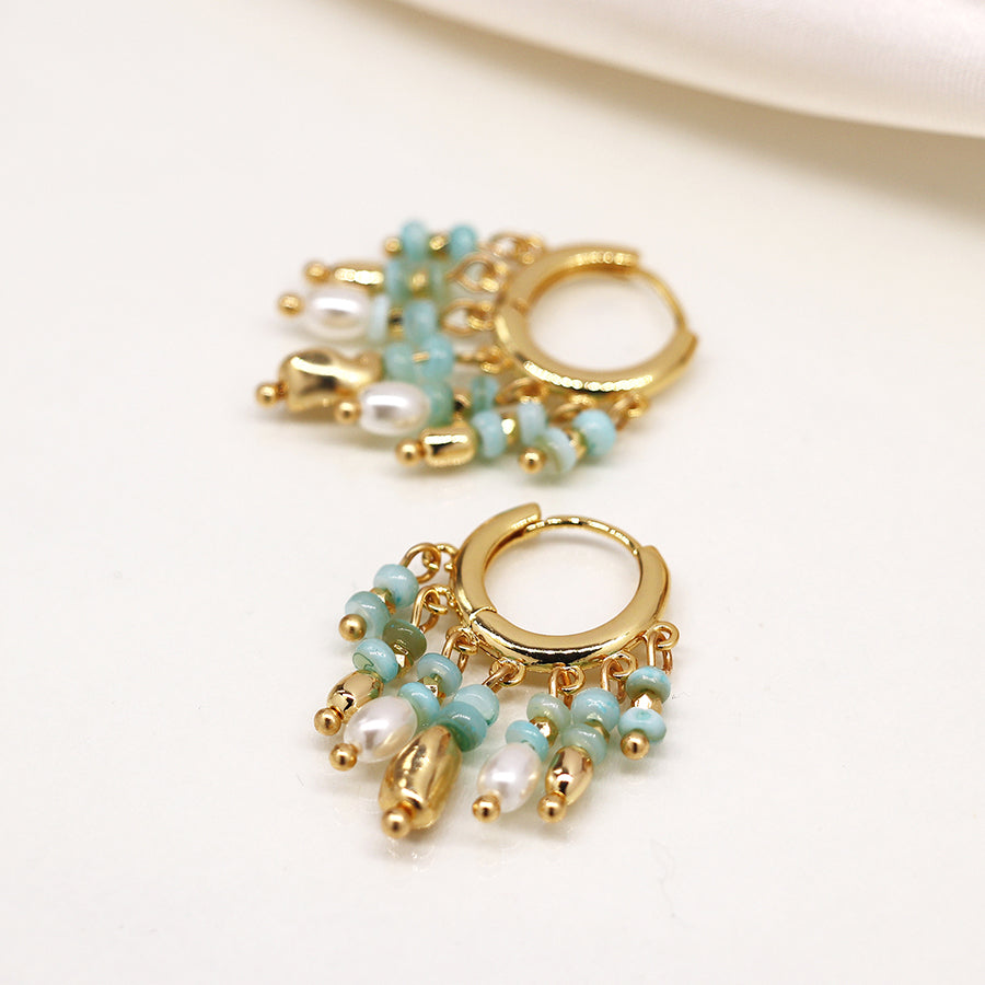 4309 - Mixed Aqua, Gold & Pearl Hoop Earrings