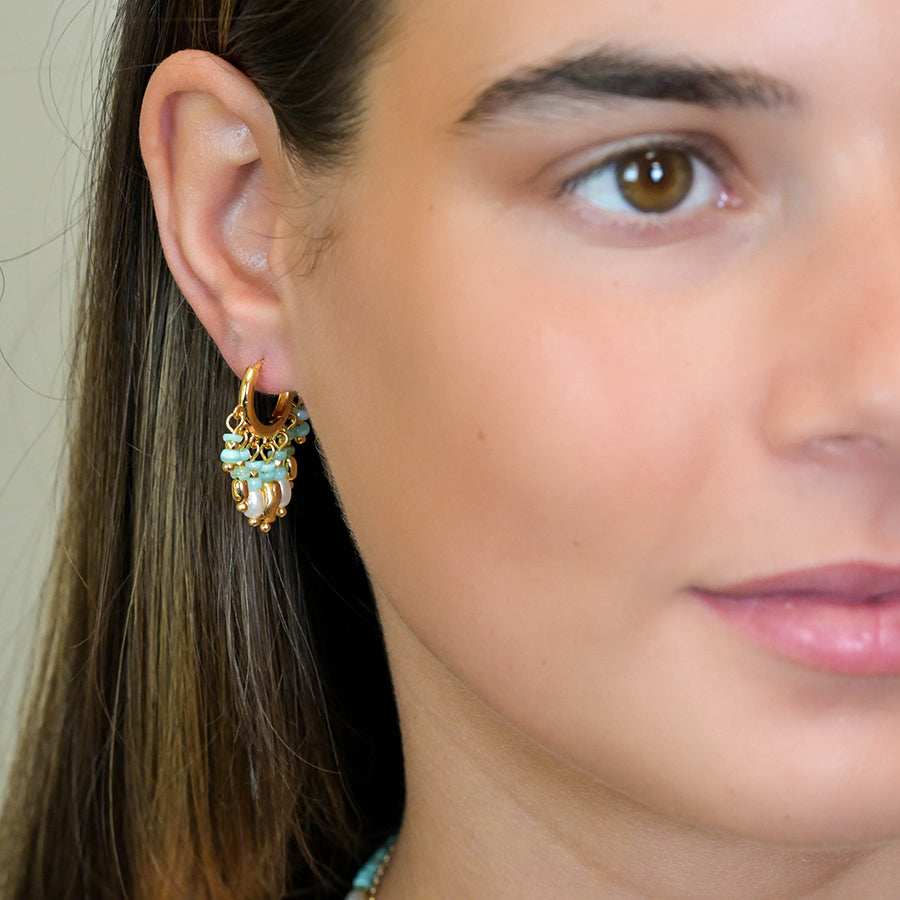 4309 - Mixed Aqua, Gold & Pearl Hoop Earrings