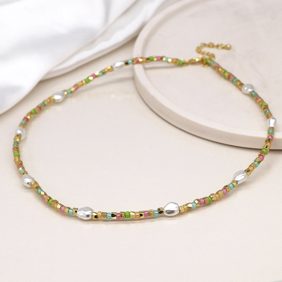 4313 - Gold & Pastel Necklace with Pearls