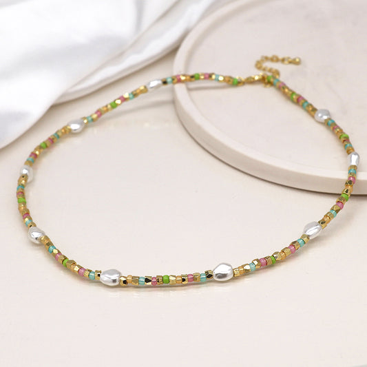 4313 - Gold & Pastel Necklace with Pearls
