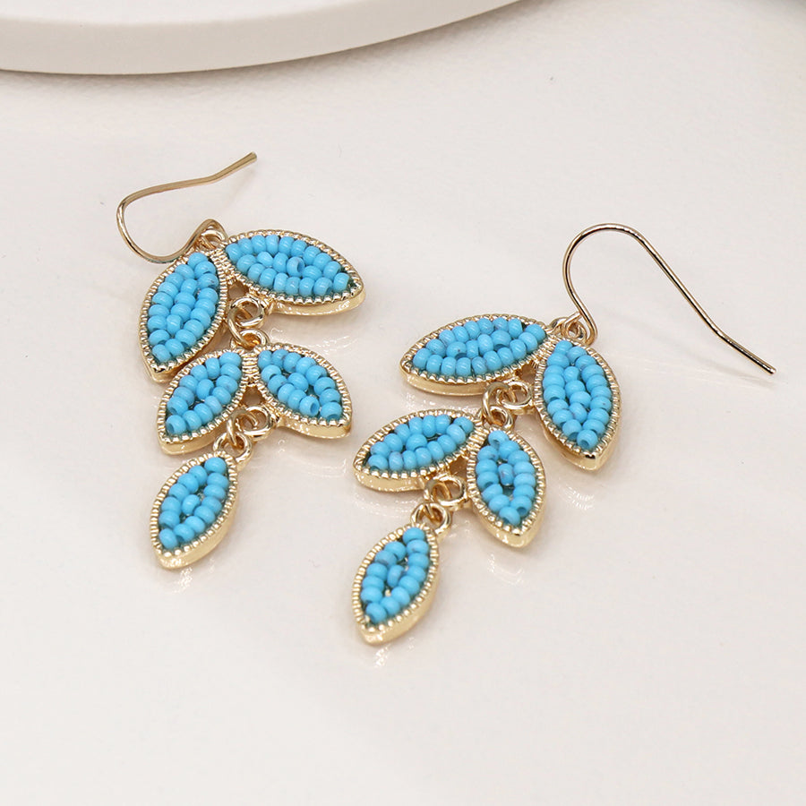 4345 - Golden & Blue Bead Leaf Drop Earrings