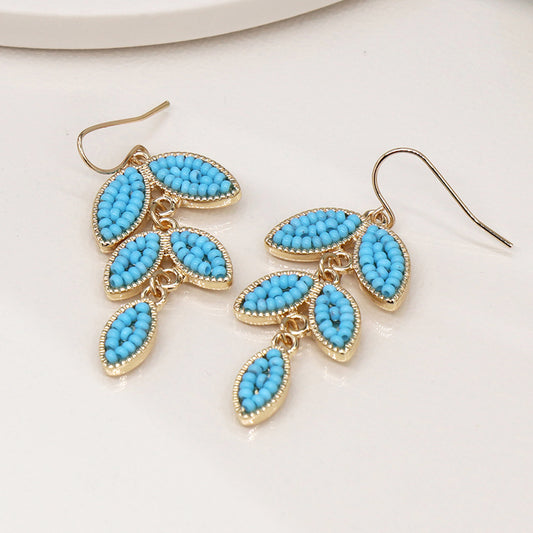4345 - Golden & Blue Bead Leaf Drop Earrings