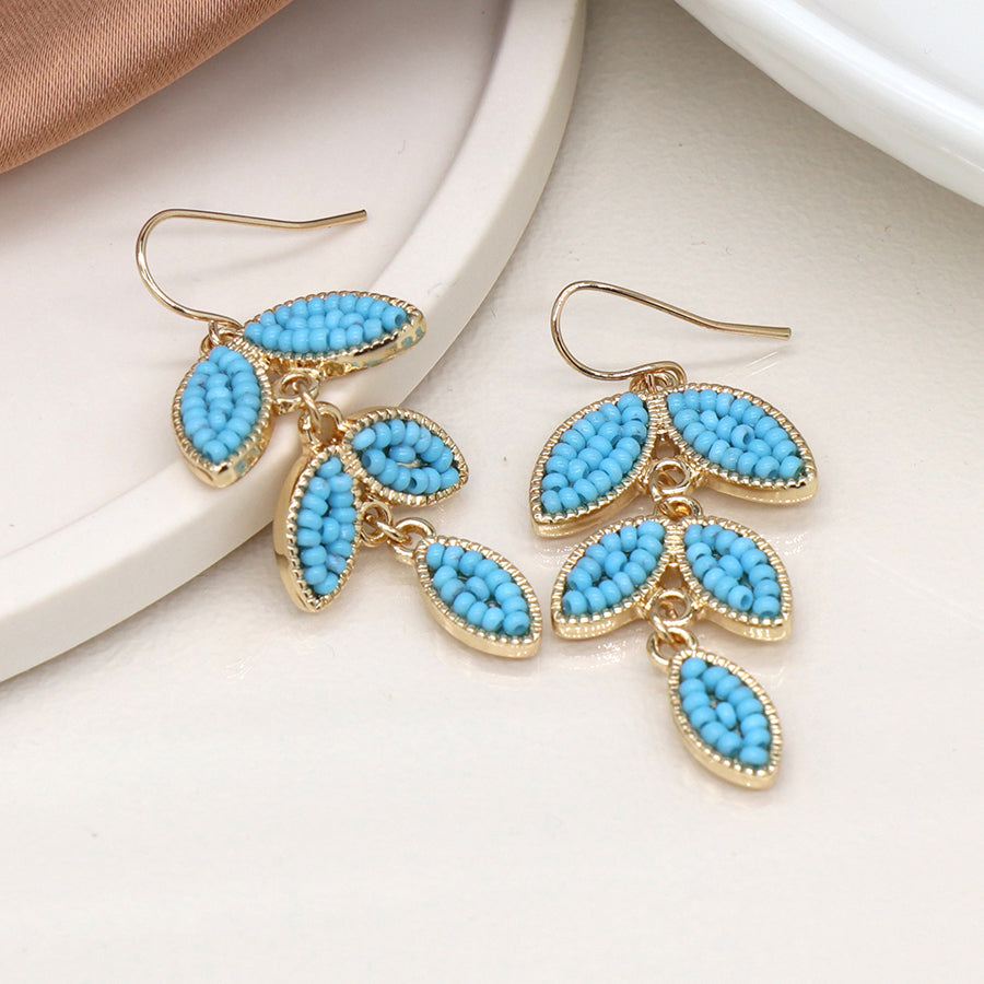 4345 - Golden & Blue Bead Leaf Drop Earrings