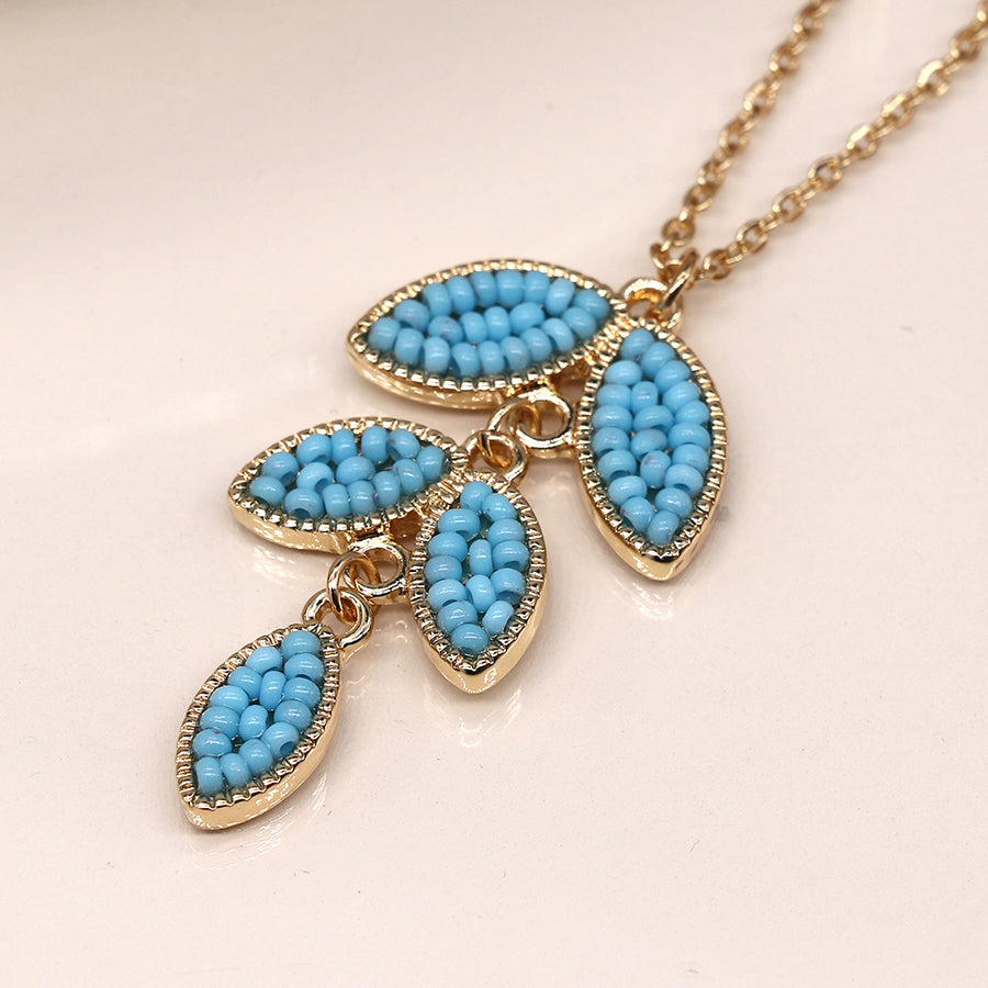 4346 - Golden & Blue Bead Leaf Drop Necklace