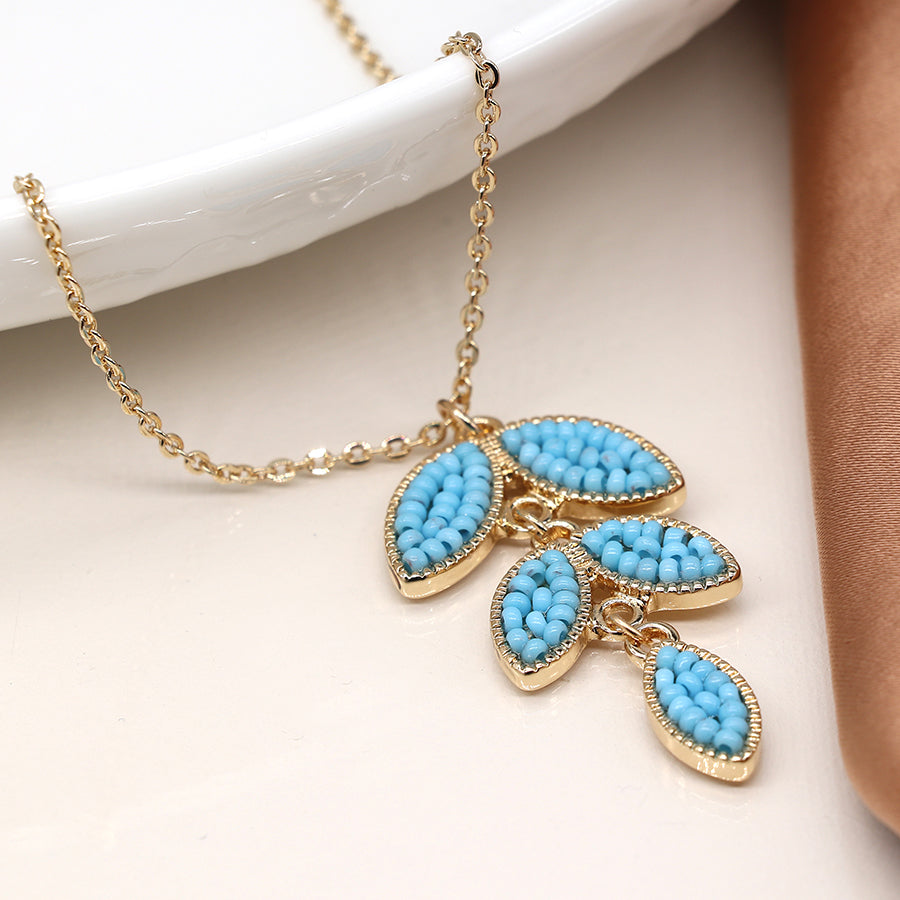4346 - Golden & Blue Bead Leaf Drop Necklace