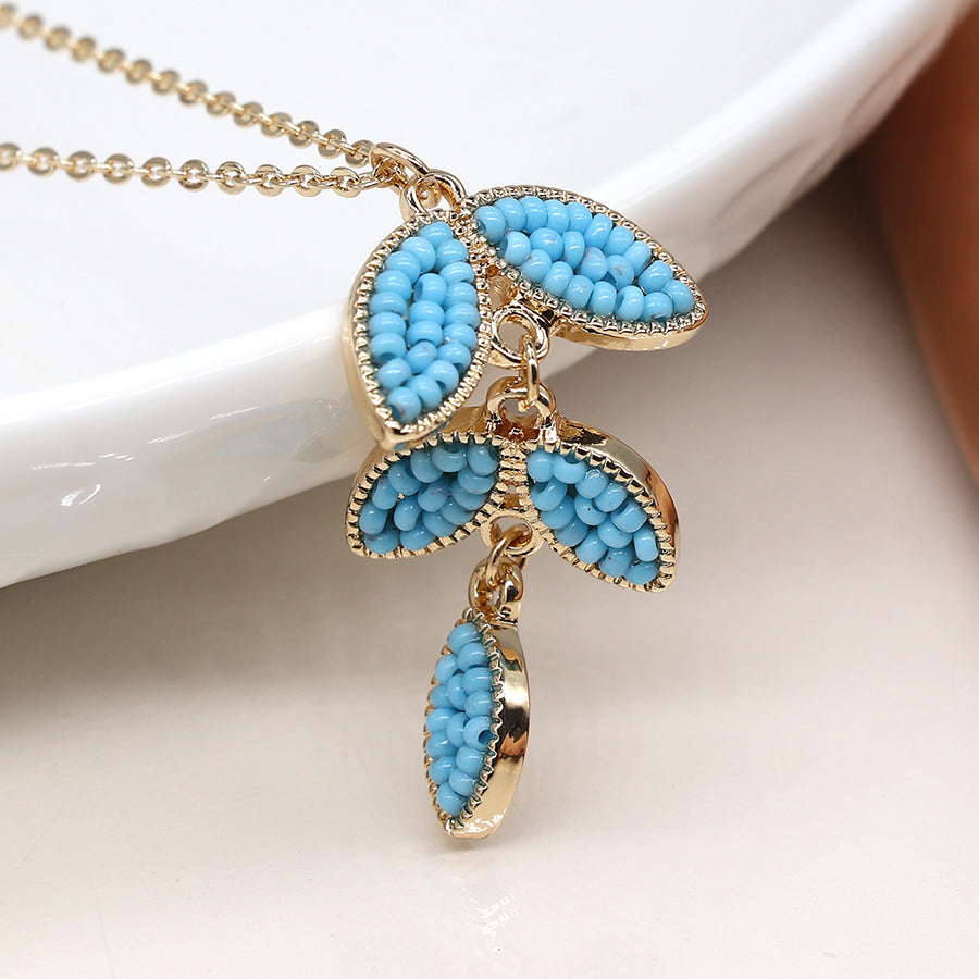4346 - Golden & Blue Bead Leaf Drop Necklace