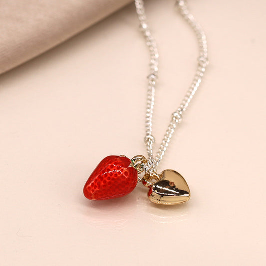 4356 - Silver Plated Strawberry & Heart Necklace