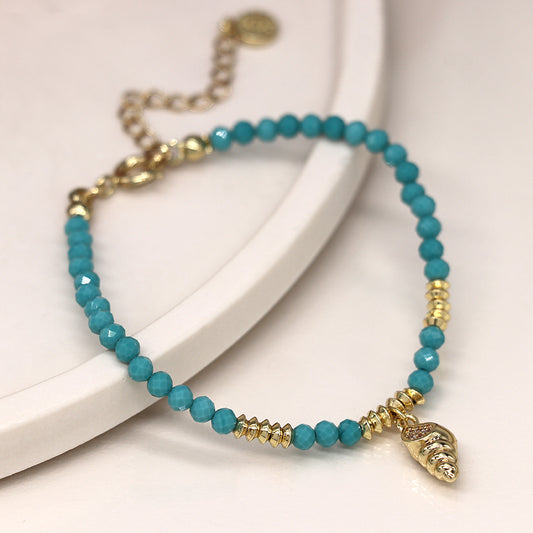 4416 - Golden Shell Charm & Turquoise Bead Bracelet