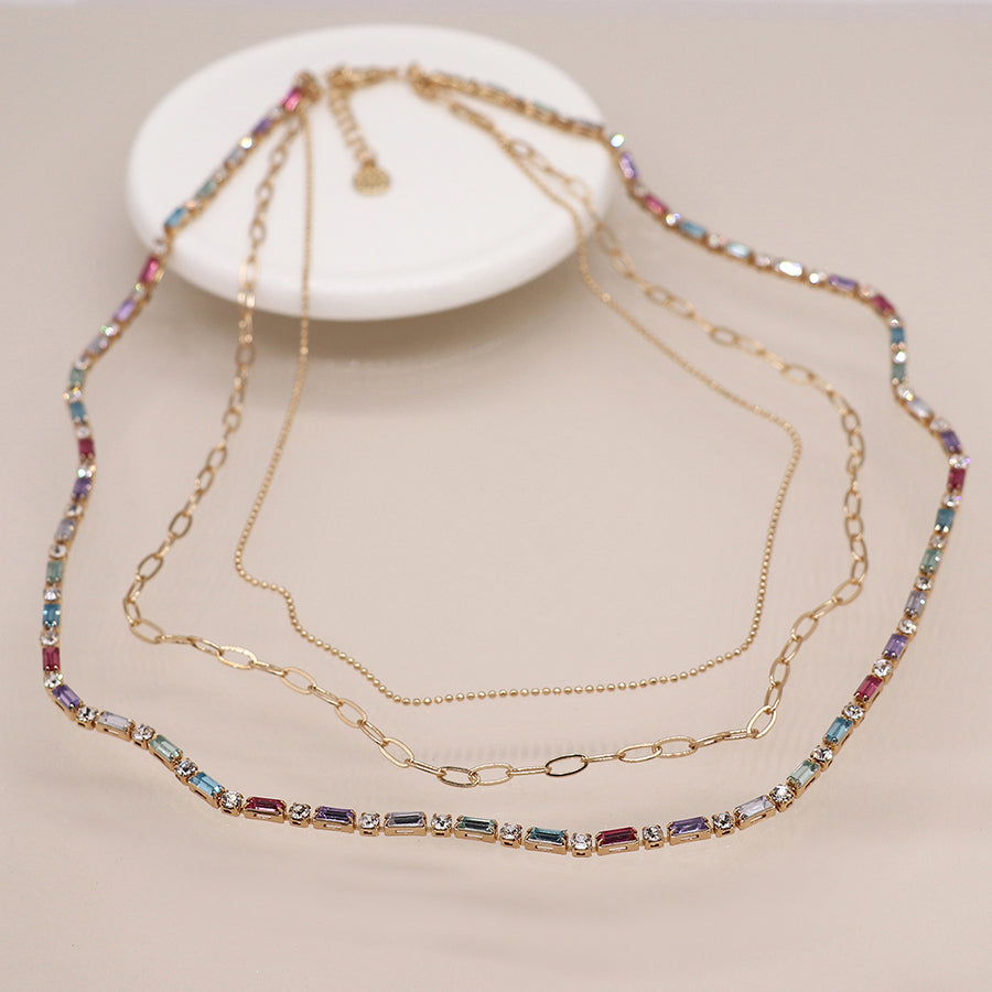 4567 - MultiColoured Crystal & Chain Necklace